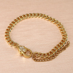 BC1302 Unique 18k Gold Plated Curb Cuban Figaro Papeclip Chain Bracelet with CZ Paved Lobster Clasp Closure for Ladies Women