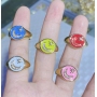 RM1325 Fashion CZ paved 18k Gold Plated Diamond Cubic Zirconia CZ Paved Crescent Moon and Star on Enamel Neon Rainbow Round Ring