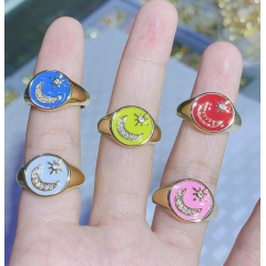 RM1325 Fashion CZ paved 18k Gold Plated Diamond Cubic Zirconia CZ Paved Crescent Moon and Star on Enamel Neon Rainbow Round Ring