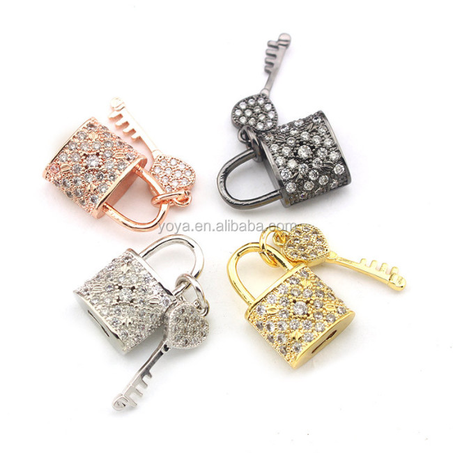CZ8203 CZ Micro Pave Padlock and Key Charm Pendant, Cubic Zirconia Pave Lock and Key Pendant for Statement Necklace Component