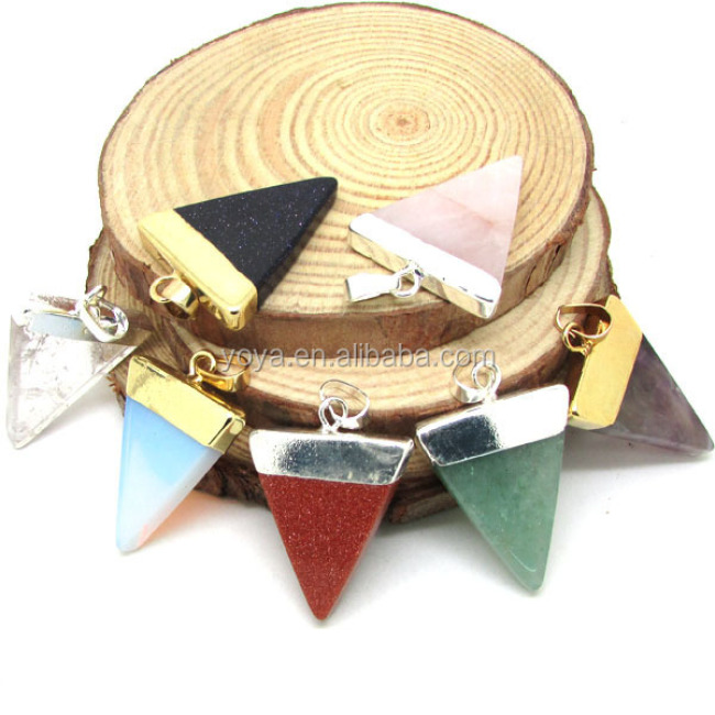 JF6616 Wholesale silver gold plated natural quartz triangle gemstone pendant