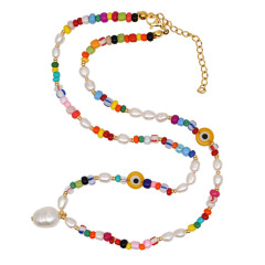 NP1002 Chic Bohemian Gold Rainbow Evil Eyes Beaded Pearl Statement Pendant Layering Necklace Jewelry