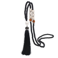 NG1008 Chic Wood Beaded Crystal Rhinestone Pave Tassel Pearl Foacel Bead Necklace for Women