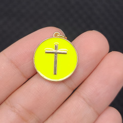 JS1602 18K Gold Plated Cross on Candy Colour Enamel Neon Multicolor Disc Round Charm Pendants