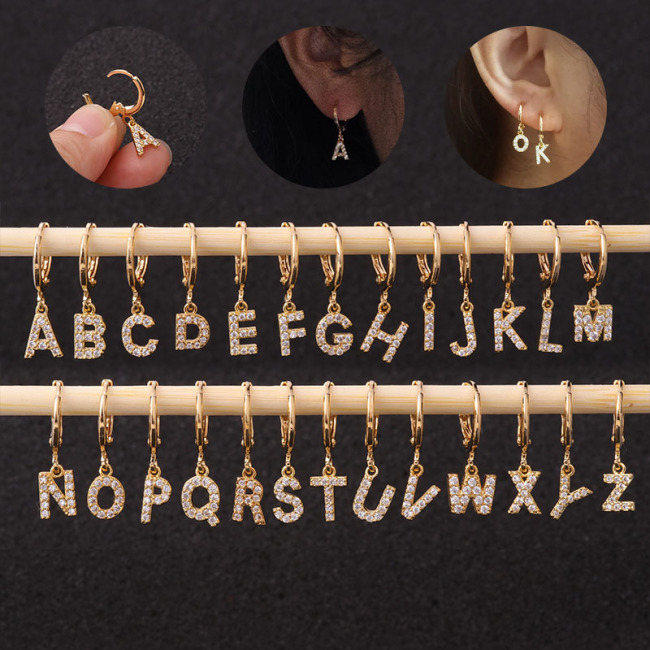 EC1619 Mini Gold Plated Cubic Zirconia CZ Micro Pave Initial Letter Huggie Earring, Diamond Letter Alphabet Huggies