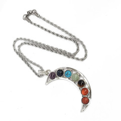 NZ1203 7-Chakra Moon Healing Necklace, Rainbow Moon Stainless Steel Chain Necklace, Meditation Crystal Statement Chakra Necklace