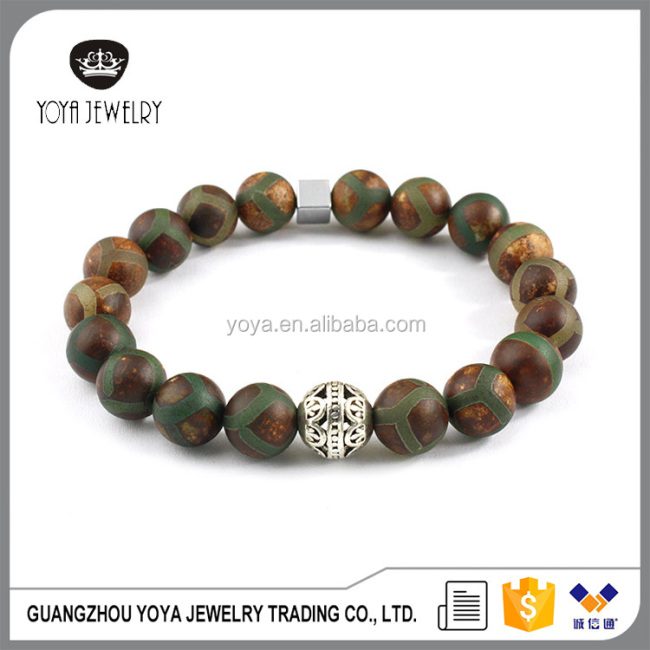 BN1004 Wholesale 10mm gemstone matte Tibatan agate beaded Antique Silver Focal Flower Bead Elastic Bracelet
