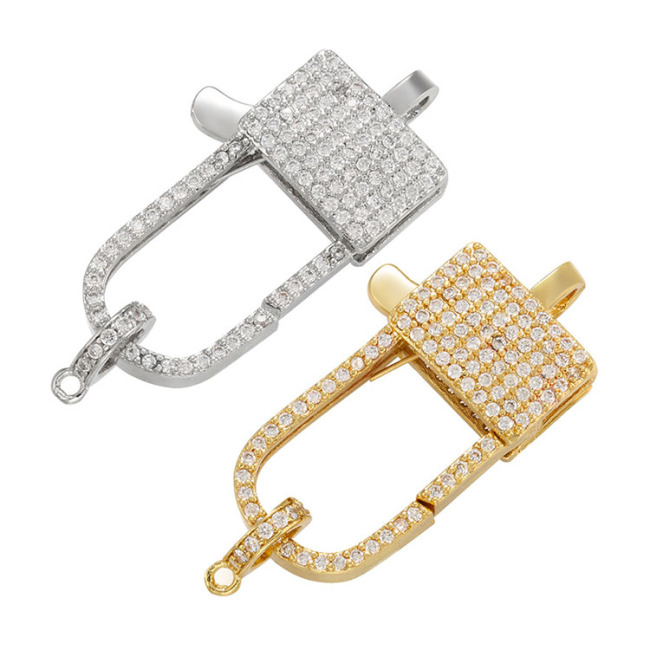 CZ7048 18K Gold Plated CZ micro pave jewelry lobster Claw clasps,diamond inlay lock shape clasps for Necklace jewelry making