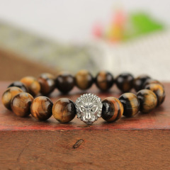 BRS1506G natural gemstone beaded bracelet stainless steel lion head mens stretch bracelet