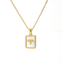 NS1237 High Quality Gold Plated Stainless Steel White Shell Horoscope Pendant Chain Zodiac Rectangle Necklace Jewelry for Women