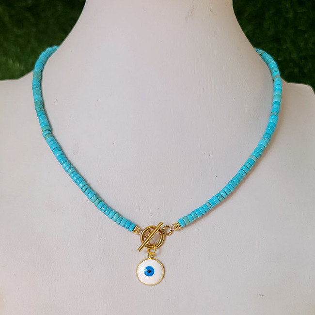 NN1140 Fashion Natural Turquoise Stone Heishi Beaded Gold Plated Stainless Steel Toggle Clasp Enamel Evil Eye Choker Necklace
