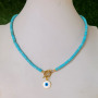 NN1140 Fashion Natural Turquoise Stone Heishi Beaded Gold Plated Stainless Steel Toggle Clasp Enamel Evil Eye Choker Necklace