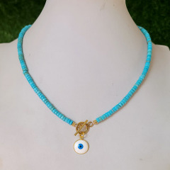 NN1140 Fashion Natural Turquoise Stone Heishi Beaded Gold Plated Stainless Steel Toggle Clasp Enamel Evil Eye Choker Necklace NN1140 Fashion Natural Turquoise Stone Heishi Beaded Gold Plated Stainless Steel Toggle Clasp Enamel Evil Eye Choker Necklace