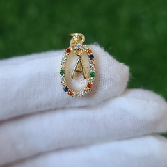 CZ8497 Fashion Dainty Rainbow Oval Initial gold plated CZ micro pave letter Charm pendant; Cubic zirconia initial Charm Pendant