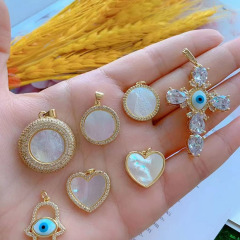 CZ8489 Gold CZ Pave Mother of pearl Shell Evil Eyes Cross Heart medal Virgin Mary pendant, religious catholic Pendants CZ8489 Gold CZ Pave Mother of pearl Shell Evil Eyes Cross Heart medal Virgin Mary pendant, religious catholic Pendants
