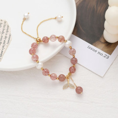 Chic Natural Rutilated Strawberry Quartz Freshwater Pearl Bead Slide Chain Bracelet with CZ Paved Whale Fish Tail Charm