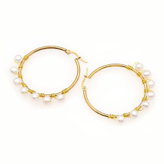 EP1007 high quality  trendy pearl wire wrapped stainless steel hoop earring ,fashion freshwater pearl ladies earring