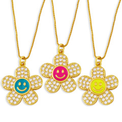 NZ1221 NEW 18K gold plated brass cz diamond micro pave enamel sun flower smiley Charm Pendant Necklaces NZ1221 NEW 18K gold plated brass cz diamond micro pave enamel sun flower smiley Charm Pendant Necklaces