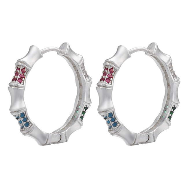EC1776 2022 Womans Fashion 18K Gold Plated Rainbow CZ Micro Pave Bamboo Joint Hoops Earrings