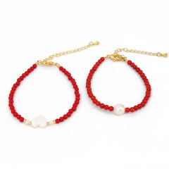 BB1038 Dainty Tiny 4mm Genuine Red Coral Beaded Freshwater Pearl White Shell Heart Focal Bead Adjustable Bracelets
