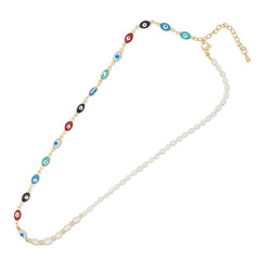 NP1005  Fashion Freshwater Pearl Beaded Evil Eyes Chain Necklace, Charm Enamel Evil Eyes Link Chain Women Necklace