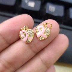 CZ8297 Dainty minimal Mini CZ Micro Pave Heart Pink Ribbon Charm,Small Cubic Zirconia Love Heart Breast Cancer Awareness Charms