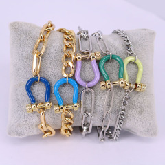 BB1087  Fashion 18k Gold Plated Curb Paperclip Chain Luxe Link  Chain Bracelet with Enamel Horseshoe Carabiner Lock Clasps