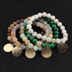 BRP1546 Custom made natural Jasper Agate Amazonite Howlite Stone Beaded Bracelet with Gold Hammered Disc Charm BRP1546 Custom made natural Jasper Agate Amazonite Howlite Stone Beaded Bracelet with Gold Hammered Disc Charm