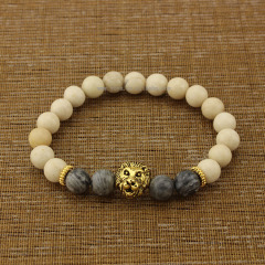 BRA1183 map jasper& river stone beaded gold lion head bracelet, Men's Bracelet