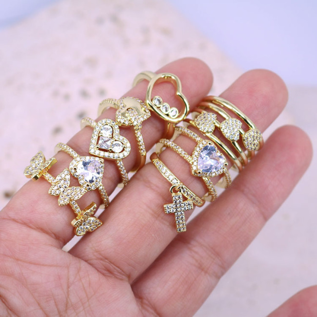 RM1396 Fashion Dainty 18K Gold Plated over Brass CZ Cubic Zirconia Paved Open Heart Solitiare Rings For Ladies