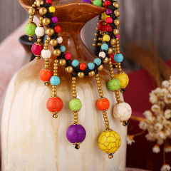 NN1134 Fashion Bohemian Bolo Turquoise Beads and Antique Bronze Round Beaded Drop Charms Collar Bib statement Macrame necklace