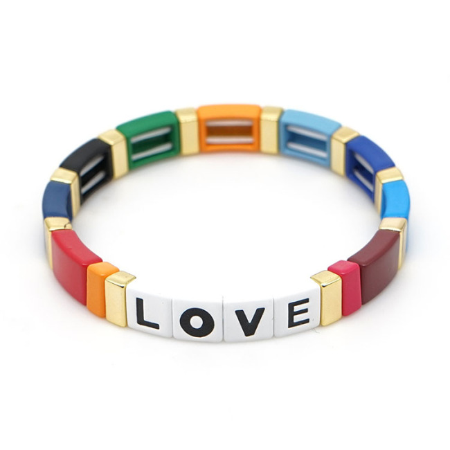 BM2011 New Popular Enamel Rainbow Alphabet Love Enameled Crush Colorful Tile Elastic Bracelet for Women Girls