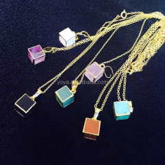 NE2505 Fashion gold plated natural crystal quartz gemstone cube pendant necklace