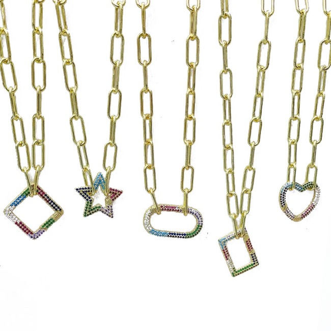NZ1124 RainbowJewelry Cubic Zirconia CZ Micro Pave Carabiner Interlocking Clasp Buckle Lock Pendant Necklace