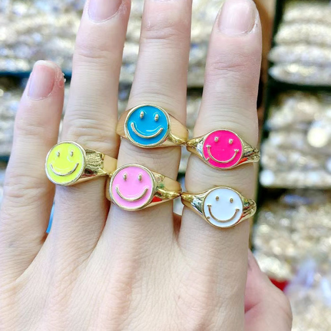 RA1009 Hot Selling Enamel 18k Gold Plated Smiley Happy Face Signet Adjustable Rings for Ladies