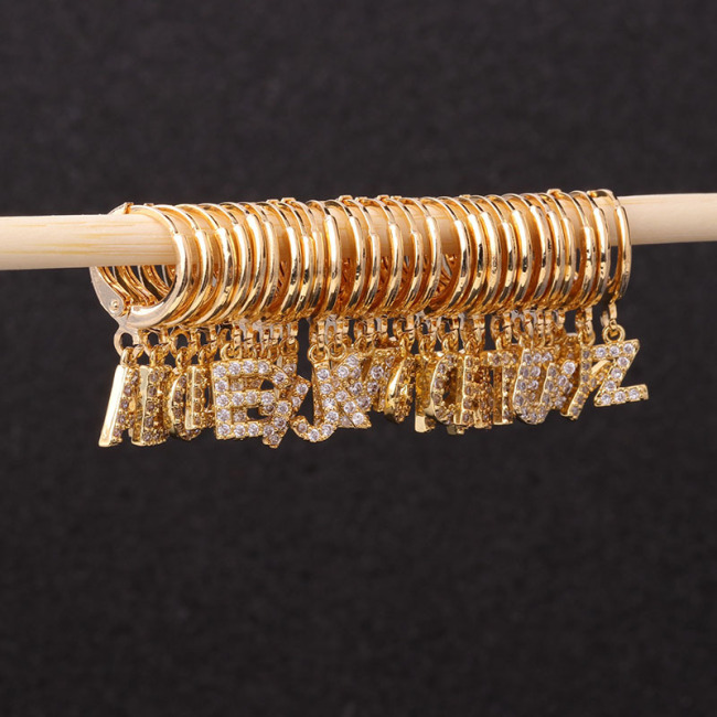 EC1619 Mini Gold Plated Cubic Zirconia CZ Micro Pave Initial Letter Huggie Earring, Diamond Letter Alphabet Huggies