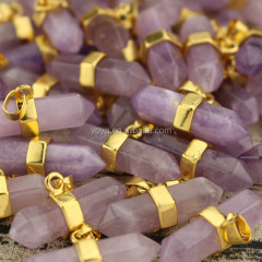 JF6779ga natural amethyst double terminated horizontal point pendants with gold bail clasp