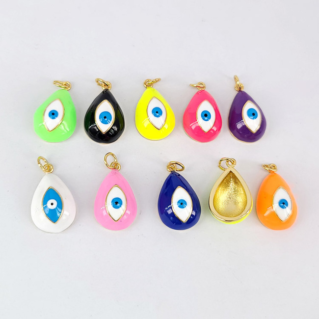 JS1598 New Autumn Jewelry Supplies Rainbow Multi Colored Enamel 18k Gold Evil Eye Teardrop Drop Charm Pendants