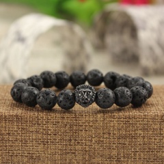 BRS1503 natural lava stone bead stretch bracelet,stainless steel lion head mens bracelet