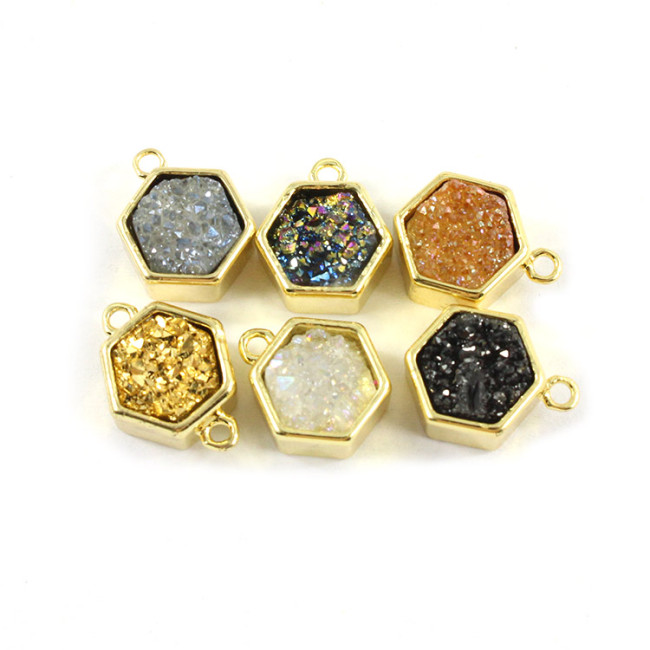 JF7078 Wholesale gold plated Hexagon shape druzy pendant,Mix color charm pendant