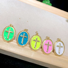 JS1578 18K Gold Plated brass metal enamel colorful cross oval shape charms Pendant