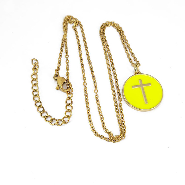 NM1206 18k Gold Plated Rainbow Enamel Multicolor Cross On Disc Round Pendant Stainless Steel Chain Necklace