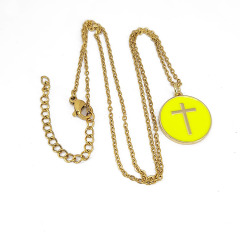 NM1206 18k Gold Plated Rainbow Enamel Multicolor Cross On Disc Round Pendant Stainless Steel Chain Necklace