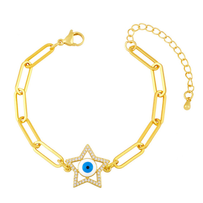 BC1387 New Design Gold CZ Paved Enamel Turkish Evil Eyes Wish Protection Bracelet with Paperclip Chain