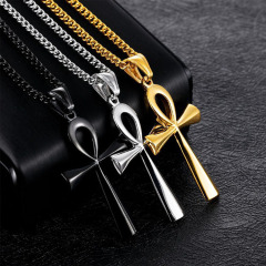 NS1134 High Quality Unisex Men's Gold Plated Stainless Steel Ankh Cross Pendant Chain Religious Necklace Jewelry for Men