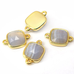 JF8708 Dainty Gold Plated Faceted Natural Sunstone Semiprecious Stone Gemstone Trillion Triangle Bezel Two Ring Connector