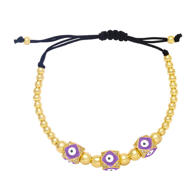 BM1093 18k Gold Plated Beaded Enamel Evil Eyes Dodecahedron Shape Bead Macrame Adjustable Bracelets
