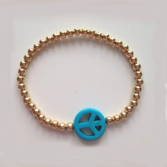 BRN1156 4mm Gold Beaded Howlite Peace Sign Bracelet,Elastic Bracelet BRN1156 4mm Gold Beaded Howlite Peace Sign Bracelet,Elastic Bracelet