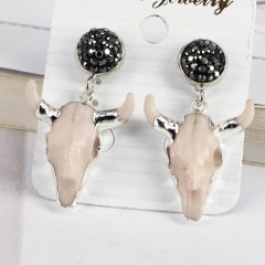 ER1029 Rhinestone Pave Stud with Gold Plated Oxhead Bull Head Charm Earrings