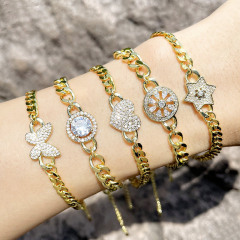 BC1335 Fashion Gold plated Brass CZ Micro Pave wrist Ladies chain bracelet heart and butterfly charm women copper bracelet